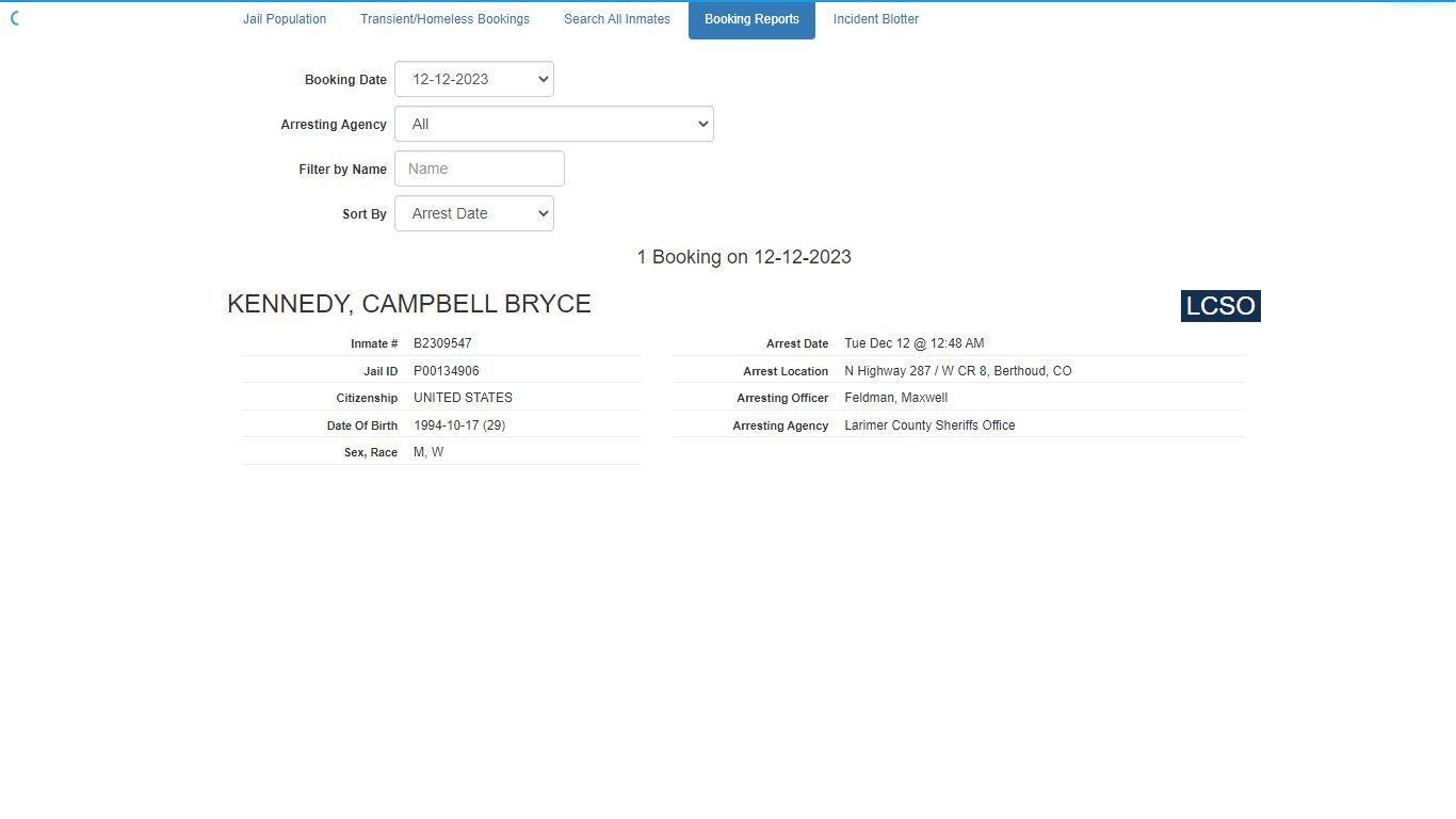 Booking Report - Larimer County Sheriff